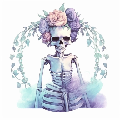 pastel female skeleton with a flower crown and a dress in a circle, half body, cute but spooky Halloween, shades of pastel purple and aqua, glamorous, watercolor, white background with margins, clipart style — uplight