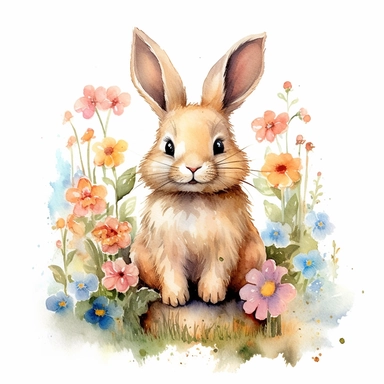Cute bunny in a whimsical garden, watercolor by Cicely Mary Baker, clipart, solid background.