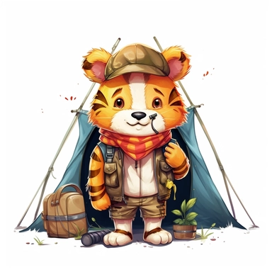 cute Tiger character wearing camping clothes and camping gear with happy face,front facing on isolated background,with happy face and expression,Animal Sublimation Clipart,no splash watercolor,white background, ultra detailed clipart, cut out image, colorful watercolor realistic, cartoon style, ultra HD, sharp and clean art