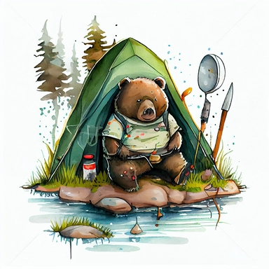 funny big sish going to lake camping fishing big bear, CLIPART, watercolor, ink, ultra-detailed, cartoon style, white background, black outside lines –testp,