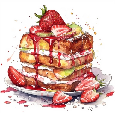 a watercolor strawberry Rhubarb Stuffed French Toast desserts clipart, hd, on white background, spaced out