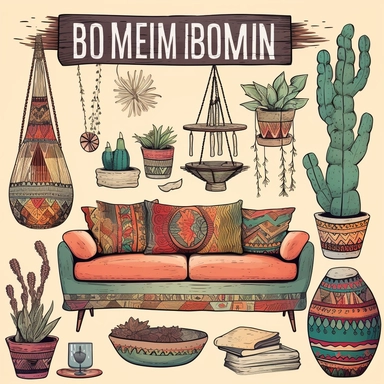 Bohemian Home Decor: Create clipart depicting bohemian-inspired home decor items like colorful rugs, throw pillows, tapestries, lanterns, succulent plants, and eclectic furniture pieces. These elements can be used to enhance interior design mockups or bohemian-themed projects with vibrant colors, organic shapes, and a sense of free-spiritedness to capture the essence of bohemian decoration.