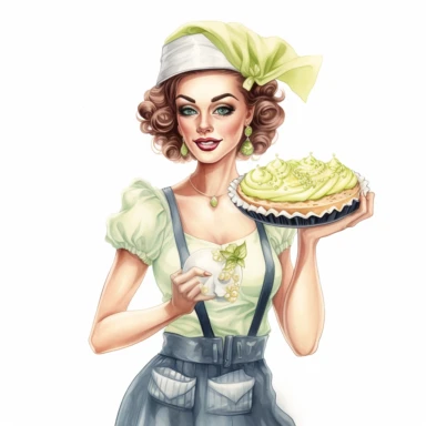hand drawn pin up woman, wearing a bakers hat, light blue and white striped apron, holding a key lime pie anf limes, glamorous, half body, very detailed and realistic, watercolor, white background with margins, clipart style