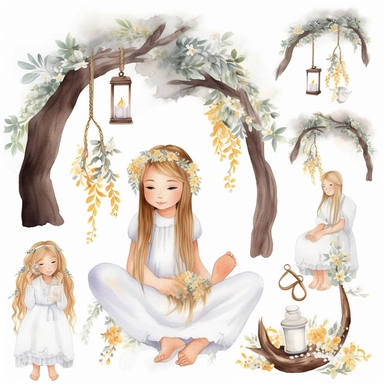 watercolor First communion cute illustrations clip art set , simple, soft colors , cartoon elements , different variants, a girl with long braids on the day of her first holy communion in a white dress with a wreath of white flowers on her head sitting under a tree with lanterns hanging, watercolor boho style wooden elements ,white background