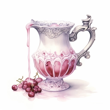 A Victorian-style milk jug, rose-colored, pouring pink milk into a blush-toned glass, Clipart, watercolor, white background, intricate detail.