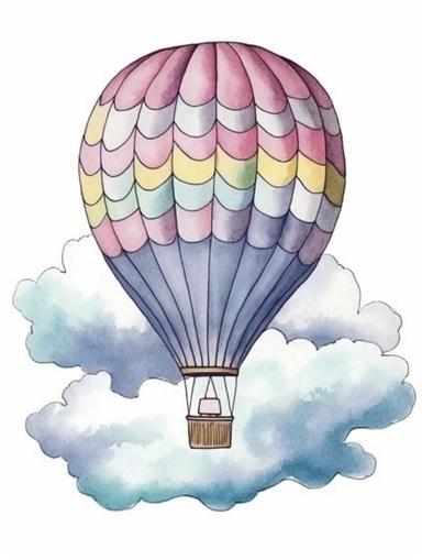 watercolor clipart with white background, hotair balloon floating in giant clouds, flat design, clearly defined separated image, high quality