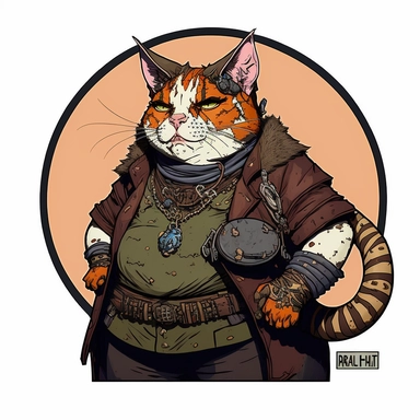caricature short fat tabaxi mafia ranger lothario, Dungeons & Dragons, handpainted punk zine fashion poster, clipart illustration, circle white background, circle border