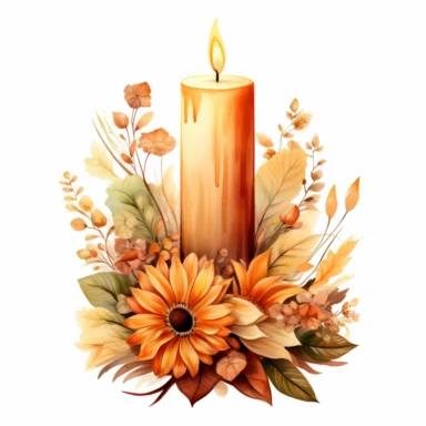 watercolor Vintage candle surrounded by flowers, orange yellow and brown hues, autumn vibes, clipart on a white background