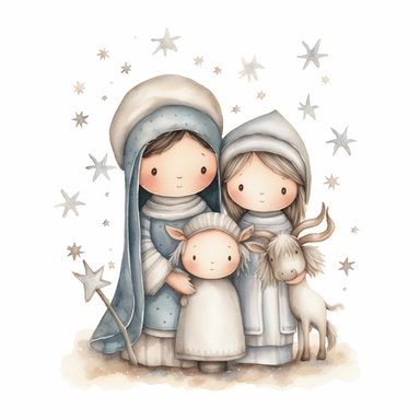 A watercolor painting of a cute nativity with Mary and Joseph, Christmas, cute detailed digital art, inspired by nicoletta ceccoli, by Kubisi art, whimsical and cute, by nicoletta ceccoli, cute detailed artwork, glimmering, adorable and whimsical, whimsical art, Clipart style, png style, svg style, blank white background, a solid white background