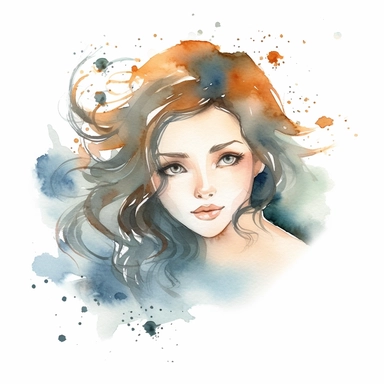 watercolour clipart of a woman, with crazy brown hair, blue-gray eyes, the sweet and scatterbrained dreamer, with a great sense of humor. She immerses herself in the world of digital design, creating exquisite papers for scrapbook albums. Though she may often forget things, her delicate touch and gentle nature shine through her artistry, make her smiling, exalted mood, white background, 8k, f1