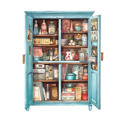 watercolor, hyper realistic, white background, white margins, 16k, ultra detailed clipart, cut out image, hand-drawn vintage wooden cupboard with a light blue finish and a decorative stencil design, showcasing an assortment of vintage cookbooks.