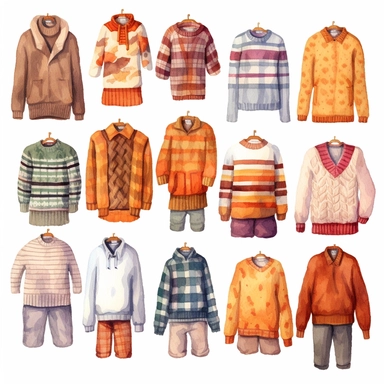 watercolor, hyper realistic, white background, white margins, 16k, ultra detailed clipart, cut out image, hand-drawn a collection of sweaters in various patterns, such as argyle, herringbone, and cable knit, celebrating the diversity of cozy autumn styles.