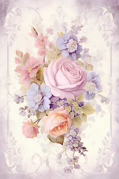 Vintage shabby damask clipart vignette with delicate floral patterns along the sides and corners of the image, small cute bright oil painting vignette with beautiful roses and blooming lilacs, light pastel tones in the center of the image,