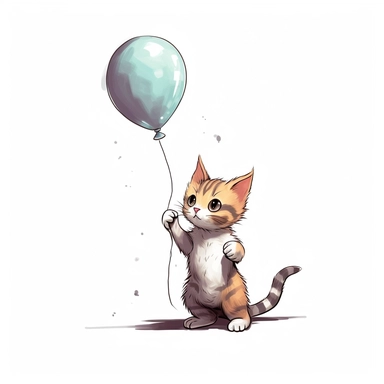 anime 300 dpi white background clipart A kitten being lifted slightly off the ground by a large helium balloon tied to its collar.