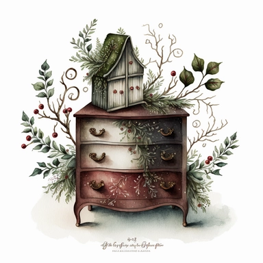 dark academia, christmas dresser, fairytale, folk art, watercolor, white background, clipart