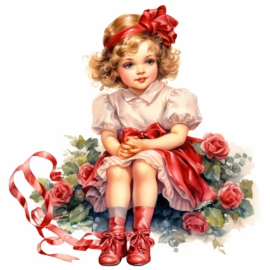 adorable little vintage royal girl sitting on a bunch of big ruby red roses and ribbons, laces, face looking straight, full body, oil clipart style, accurate details, oil painting technique, super high quality, professional watercolor clipart, high resolution, 8k