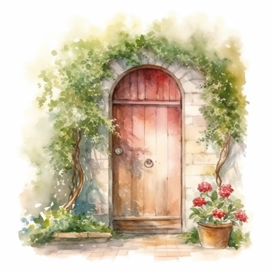 watercolour a door to the garden, clipart on white background, no watermark, highly detailed, professional color gradation, clean sharpness