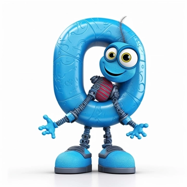 clipart style blue letter Q with black line, with arms, legs and friendly cute face for children, isolated, white background,