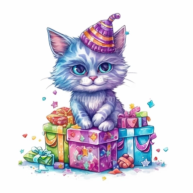 please create watercolor clipart of a cat, smiling, wearing party clothes with birthday presents, vibrant colors,intricate details, isolated on white background, vivid colors, hdr, 8k