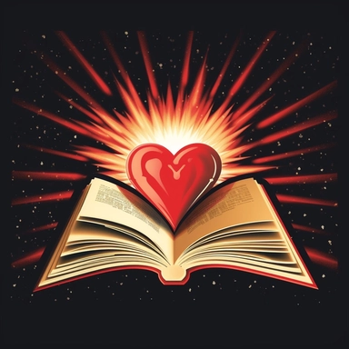 an view of an open bible with a red radiant heart coming out of the pages that is grows in size as it extends out of Bible. I want this in the style of a clip art or a logo.