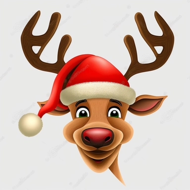 beautiful portrait of Rudolph, Christmas Reindeer, Christmas hat, cartoon style by Disney, clipart, flat design, white background, digital art