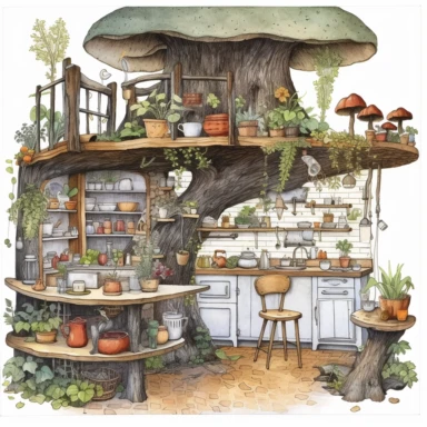 A hyper - detailed illustration watercolor clipart of a whimsical Interior shot, wooden home, tree trunk, beaver home, kitchen, dining, snails, mushrooms, childlike, colored style, watercolor style, illustration style, pencil drawing, watercolor illustration, sweet soft color, illustration style a combination of Beatrix Potter and Tove Jansson, isolated on white background with margins, cut - out images