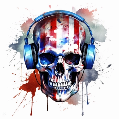 watercolour skull with headphones painting american flag, in the style of digital mixed media, splatter paintings, full body, tattoo, parodic, sentimental realism, ferrania p30, clipart