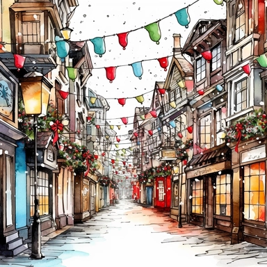 decorated christmas street, style by Lucy Fleming, watercolor, smooth gradients, black contour outline, ultra detailed, clipart elements, vibrant colors, solid white background, super clear, high quality