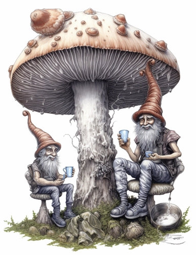 light gray and bubbles, two humanoid tea-drinking gnomes on a huge mushroom, highly detailed clipart, hdr, 32K, photo expert quality, greatest for coloring realistic, hyperrealistic and highly detailed, coloring book pages, isolated on a white background