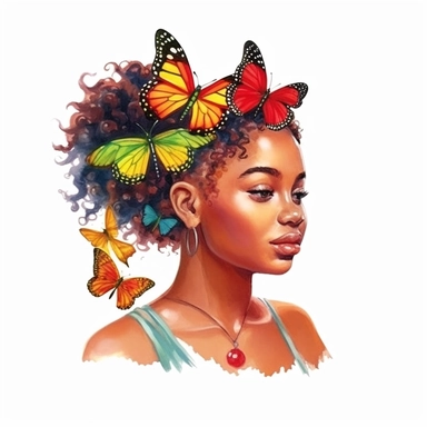 Cute Beautiful Red yellow green juneteenth Girl And Butterfly Watercolor Clipart,Cartoon, hyper realistic, intricate detail, illustration style,high solution,on the white background