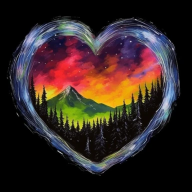 painting of a heart with the northern lights inside of it, in the style of enchanting realms, nature-inspired installations, bloomcore, mesmerizing colorscapes, skillful, fluid and organic, clipart, blank black background