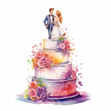 full perspective, watercolor three tier wedding cake clipart, add groom and bride figurines, vibrant colors, add flowers and glitter, on a white background