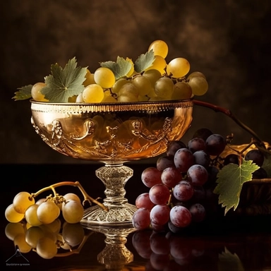 classic fine art photography of a tropical fruit bowl wine glasses grapes golden leaves, high definition, ultra realistic, clip art on white background k8