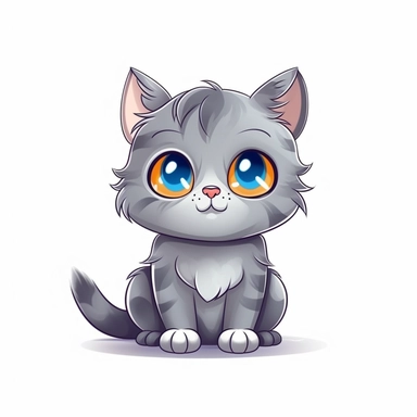 cute gray baby cat, cartoon style, white background, without shade, without shadow, clipart, minimalistic, simple, aesthetic