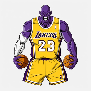 Dragonball playing basketball as Original LA lakers. Comic Design 3d clipart with black contours. White background