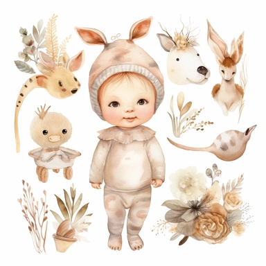 Clipart watercolor, newborn , cute boho neutral colors ,all doing different actions for children separate drawings on a white background with a margin, drawing with watercolors , thing related to newborn, neutral colors, minimalistic, adorable, shabby chic ,baby nursery