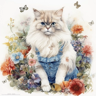 Watercolor Painting of Persian cat wearing overalls, , sitting surrounded by wild Texas Flowers, on white background good anatomy, DETAILED ILLUSTRATION, Flemish Baroque, Rococo, white background, Intricate Detailed, Soft Light Effect, Oil Paint Strokes, Light Academia Aesthetic Flowers, Lighting cinematic, all shown shimmering stamens, tyndall light, texture, colorful, 8k, fantasy, ray tracing, vivid, spectacular lighting, octane rendering, highly detailed, ultra - realistic, white background, 