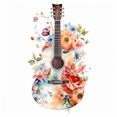 complex watercolor illustration of floral acoustic guitar in beautiful flowers professional hyperrealism,concept,art,8k,hd,watercolor,detailed,white backround,clipart