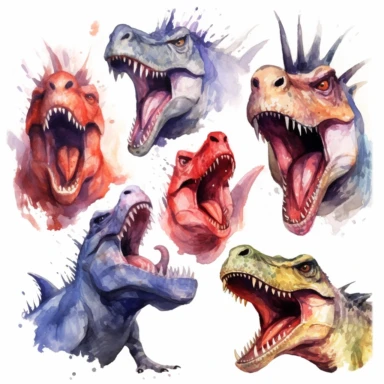 aggressive dinosaurs, clipart set on white background, watercolor