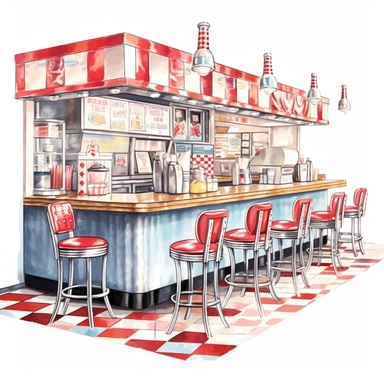 A classic American diner with vinyl booth seating, chrome accents, and a menu offering classic comfort foods like burgers and milkshakes, clipart, watercolor, white background, american style