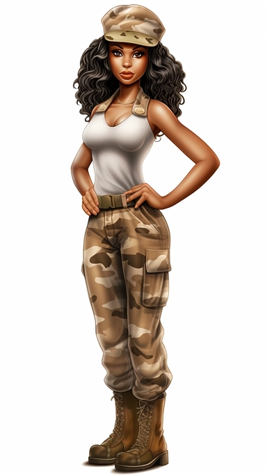 clipart, digital doll, beautiful africanamerican woman in camouflage is standing posing, in the style of cartoon realism, airbrush art, commission for, clockpunk, ultra realistic, traincore, babycore