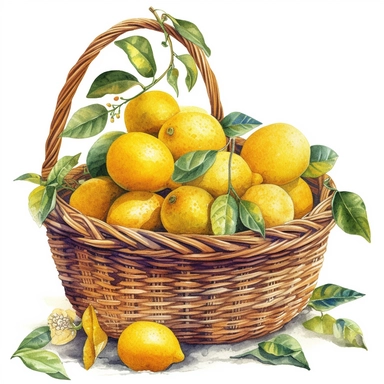 realistic watercolor basket full of gorgeous yellow lemons with leaves, vintage, very detailed, hipster style cafe, white background, still life photography, food photography, dessert photography, dreamy, clipart, watercolor illustration style 8k