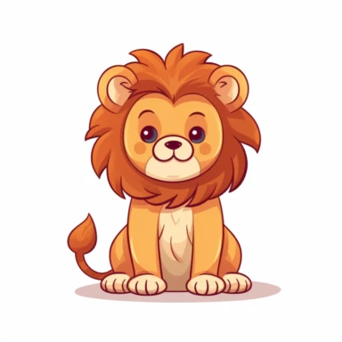 a cute 2d drawing of a lion sitting down, white background, cartoon, illustration, flat shading, childlike, print clipart, soft and dreamy