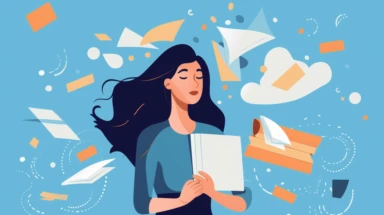 a simple flat microsoft office clip art style illustration of a woman carrying a hundreds of documents in office, overwhelmed, clock is ticking, light blue pastels color palette