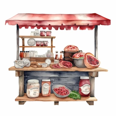 hand drawn ROADSIDE STAND WITH STRAWBERRY JAM AND COUNTRY HAM leg , very detailed and realistic , watercolor, white background with margins, clipart style