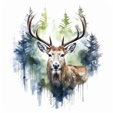 double exposure, deer head and forest,watercolor,white background,clipart