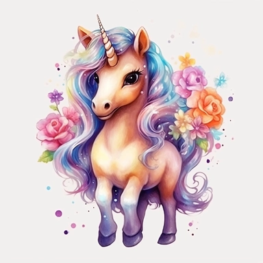 High level watercolor, hyper realistic cartoon, transparent background with margins, 8k, ultra detailed clipart, cute colorful unicorn, with big cute eyes, flower, and shimmering fairy dust, magical pattern, cool, fairy, stand