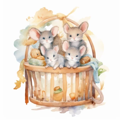 a cute baby mice inside a crib, watercolor, detailed, clipart, hd