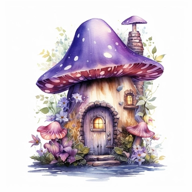 Watercolor Fairy House. A charming purple fairy house nestled amidst flowers and mushrooms, with twinkling lights and an inviting entrance, isolated on a white background with a wide margin Sublimation Clipart,hyper realistic, intricate detail, illustration style,high solution,on the white background