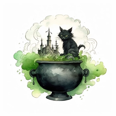 picturesque scene, watercolor and ink style, black cat and witches ornate footed cauldron with green vapor and poison cloud, clipart on plain white background, Halloween vibes, super scary cute in high detail ultra precision 16k HD, clean crisp brushwork, painted by Beatrix Potter